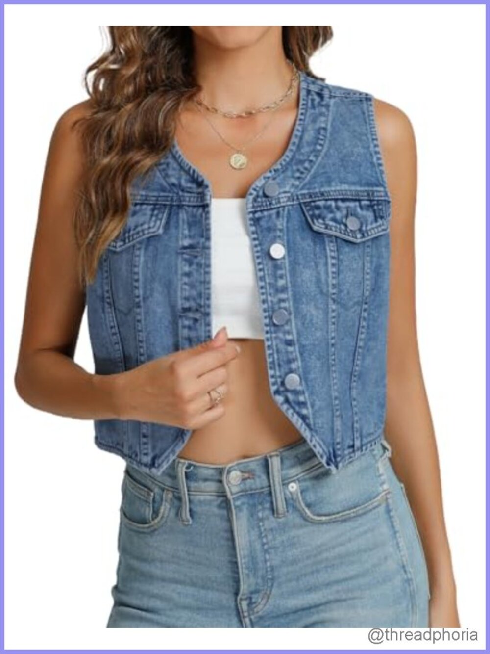 Women's Denim Vest V Neck Sleeveless Button Front Crop Jean Vest with Pockets